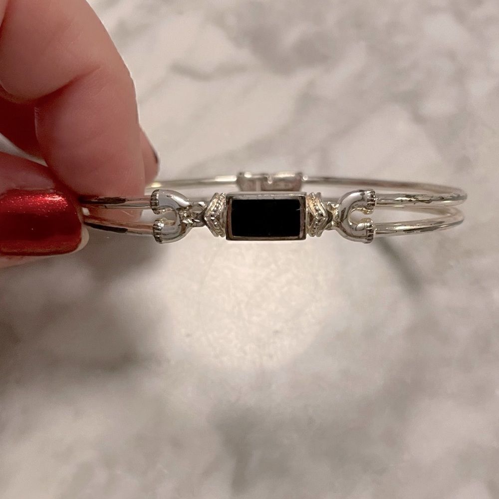 Silver Black Stone Hinged Bracelet